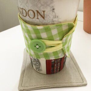 Handmade Fabric Coffee Cozy, Reusable Coffee Cup Sleeve, Yellow Green Gingham
